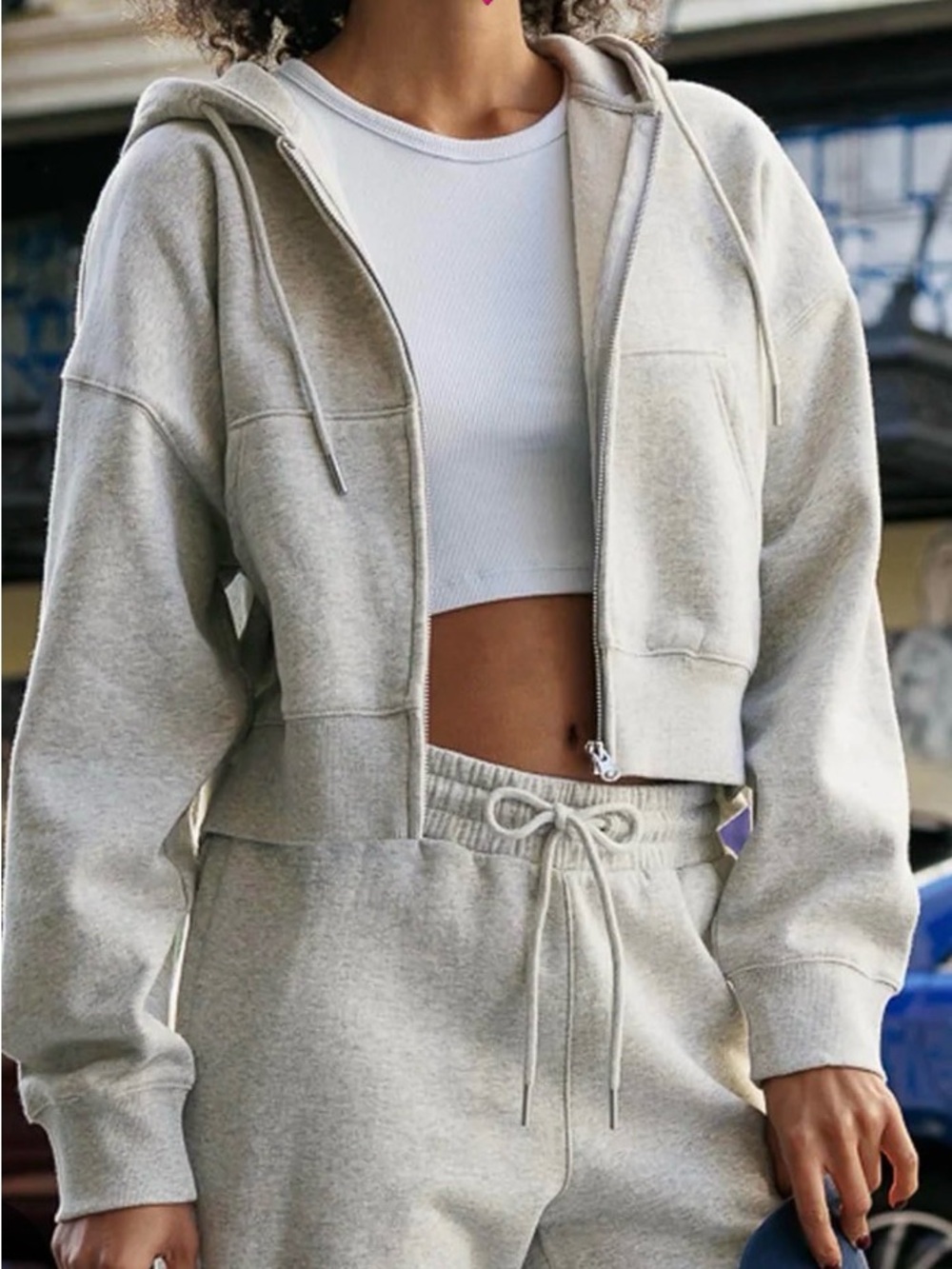 Women's Light Gray Crop Drawstring Sweatsuit